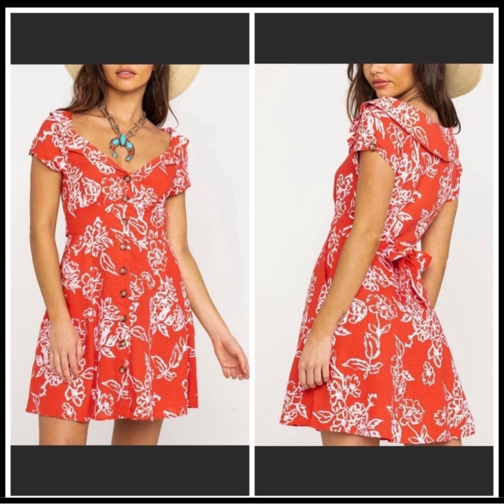 Free People Red and White Wrap Sundress with Flutter Sleeves